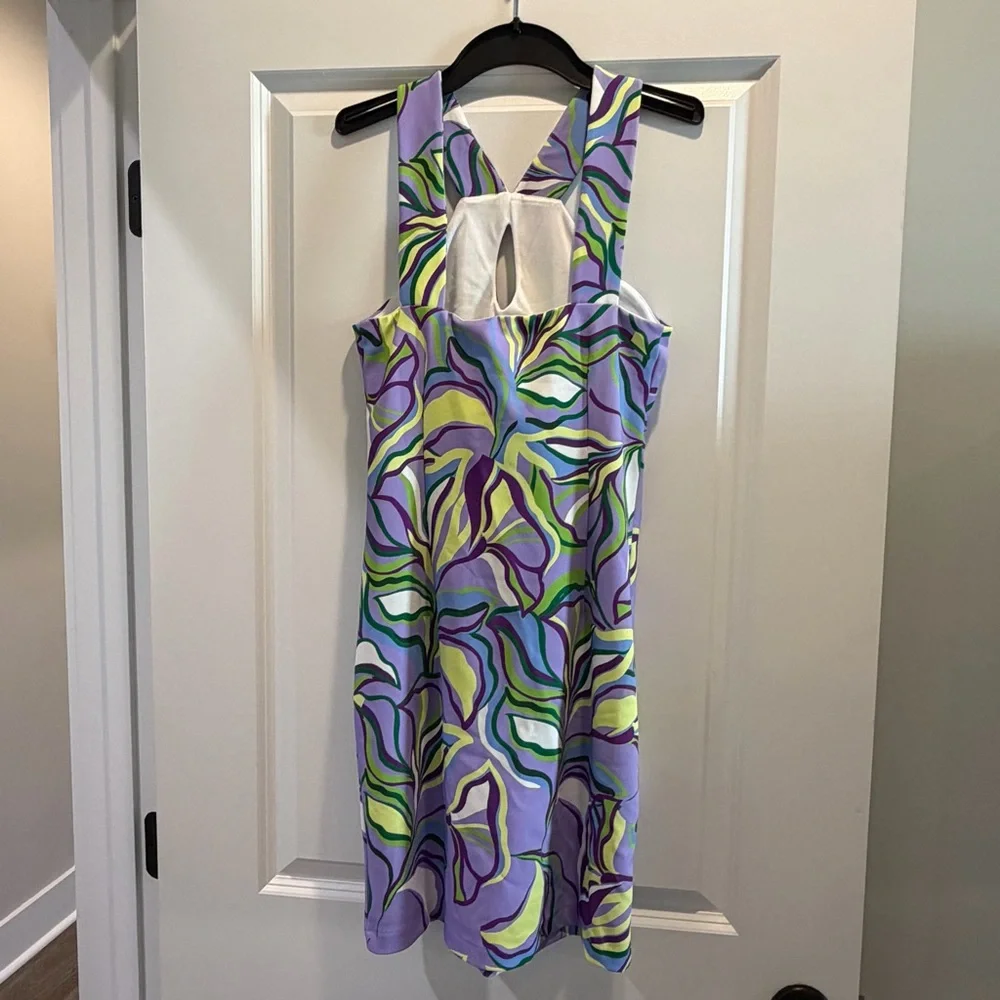Boston Proper Purple Midi Dress with Green and Blue Abstract Leaf Print - Picture 3 of 6